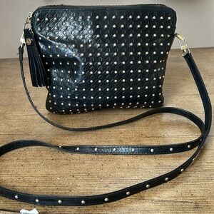 Abas Leather Gold Studded Black Crossbody Bag.